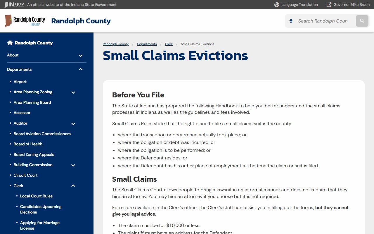 Randolph County Clerk marriage and court records page