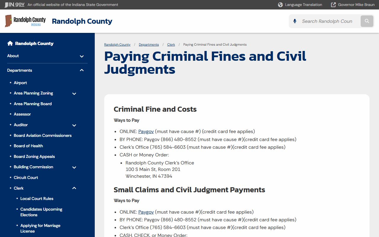 Randolph County Clerk records payment rules